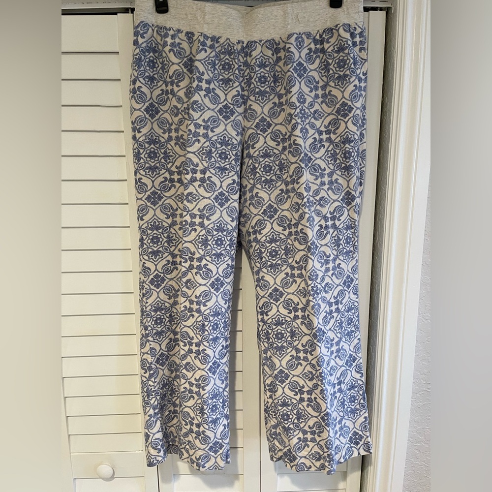 Soft Surroundings Linen Blue and White Printed Pants w/ comfort Jersey waist 1X